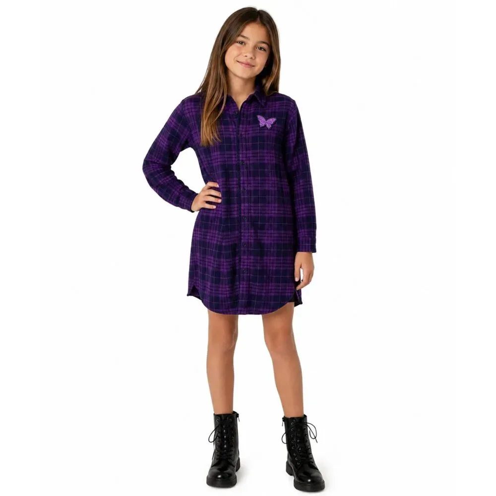 Anna Sui Mini Girls 12Y L Purple Plaid Shirt Dress Butterfly Embroidered Ruffle